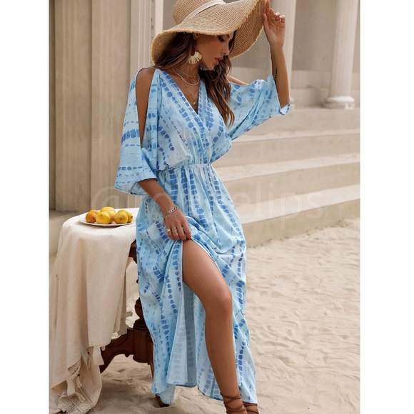 Rouge! Dresses & Skirts - Tie Dye Blue White Maxi Dress Leg Slit Shoulder Slit Cut Out V-Neck